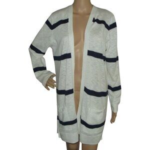 Old Navy Cardigan Sweater Womens Size Large Cream Navy Blue Striped pockets Midi
